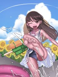 Rule 34 | 1girl, barefoot, black one-piece swimsuit, blue sky, blush, brown eyes, brown hair, cloud, cloudy sky, dress, feet, flower, foot focus, hat, highres, holding, leg up, long hair, looking at viewer, one-piece swimsuit, one eye closed, open mouth, outdoors, pinkjoe, pov, ribbon, see-through, short dress, sky, sleeveless, sleeveless dress, smile, soles, splashing, standing, standing on one leg, straw hat, sundress, sunflower, swimsuit, swimsuit under clothes, toes, water, water gun, white dress, wink