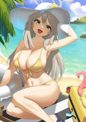 Rule 34 | 1girl, :d, absurdres, arm behind head, arm up, beach, beach towel, bikini, bird, blonde hair, blue archive, blue sky, breasts, day, feet out of frame, flamingo, green eyes, grey hair, hape, hat, hermit crab, highres, innertube, large breasts, long hair, navel, nonomi (blue archive), nonomi (swimsuit) (blue archive), ocean, open mouth, outdoors, sandals, sitting, sky, smile, solo, starfish, stomach, suitcase, sun hat, swim ring, swimsuit, thighs, towel, yellow bikini