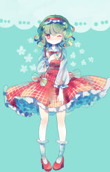 Rule 34 | 1girl, adapted costume, alice margatroid, bobby socks, bow, bowtie, closed mouth, collared shirt, dress, frilled dress, frilled hairband, frilled sleeves, frills, full body, green background, green hair, hair between eyes, hairband, hiyuu (hiyualice), long sleeves, looking at viewer, one eye closed, petticoat, pigeon-toed, pinafore dress, plaid, plaid dress, puffy long sleeves, puffy sleeves, red bow, red bowtie, red dress, red eyes, red footwear, red hairband, shirt, simple background, sleeveless, sleeveless dress, socks, solo, standing, touhou, white shirt, white socks