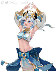 Rule 34 | 1girl, :d, absurdres, armpits, arms up, blue eyes, blue hair, blue nails, blue skirt, blush, breasts, brooch, commentary, cosplay, cowboy shot, crop top, detached sleeves, fake horns, furina (genshin impact), genshin impact, hair between eyes, highres, horns, jewelry, kuumaumi, long sleeves, midriff, nail polish, navel, neck ring, nilou (genshin impact), nilou (genshin impact) (cosplay), open mouth, short hair, simple background, skirt, small breasts, smile, solo, standing, stomach, thighlet, veil, white background