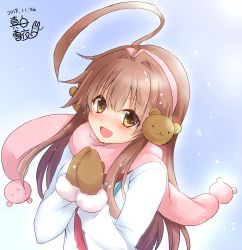 Rule 34 | 1girl, ahoge, alternate costume, artist logo, bear head, blue background, blue jacket, brown eyes, brown hair, commentary request, earmuffs, fur-trimmed jacket, fur trim, highres, huge ahoge, jacket, kantai collection, kuma (kancolle), long hair, looking at viewer, mashiro yukiya, mittens, one-hour drawing challenge, open mouth, pink scarf, scarf, smile, solo, upper body, winter clothes