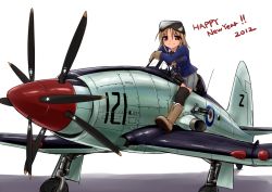 Rule 34 | 10s, 1girl, 2012, aircraft, airplane, black thighhighs, blonde hair, boots, brown hair, contra-rotating propellers, female focus, gloves, goggles, goggles on head, happy new year, looking at viewer, military, new year, original, perspective, propeller, red eyes, riding, skirt, smile, solo, thighhighs, tokihama jirou, uniform, vehicle focus, westland wyvern, white background