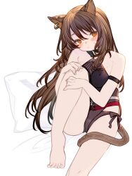 Rule 34 | 1girl, animal ears, arknights, arm strap, backless swimsuit, bare shoulders, barefoot, black one-piece swimsuit, brown hair, cat ears, cat girl, cat tail, ear piercing, highres, knee up, kochiya (gothope), large tail, long hair, looking at viewer, no shoes, o-ring, o-ring swimsuit, official alternate costume, one-piece swimsuit, piercing, sitting, skyfire (arknights), skyfire (temperature difference) (arknights), swimsuit, tail, white background, yes-no pillow