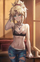 Rule 34 | 1girl, absurdres, bare shoulders, bead bracelet, beads, black bra, black panties, blonde hair, blue pants, bra, bracelet, breasts, closed mouth, collarbone, commentary request, denim, duplicate, fate/apocrypha, fate (series), green eyes, hair ornament, hair scrunchie, highres, jeans, jewelry, long hair, looking at viewer, mordred (fate), mordred (fate/apocrypha), navel, necklace, open fly, panties, pants, parted bangs, pendant, ponytail, red scrunchie, scrunchie, sidelocks, small breasts, solo, tonee, torn clothes, torn pants, underwear