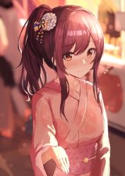 Rule 34 | 1girl, blurry, blurry background, blush, breasts, brown eyes, character request, commentary request, copyright request, embarrassed, eyelashes, hair ornament, highres, japanese clothes, kadomaki madoka, kimono, lens flare, long hair, long sleeves, looking at viewer, obi, open hand, osaki amana, pink kimono, ponytail, red hair, sash, shadow, sidelocks, solo focus, swept bangs, wide sleeves, yukata
