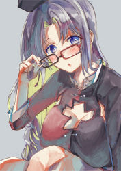 Rule 34 | 1girl, :o, adjusting eyewear, bespectacled, blue background, blue eyes, blush, braid, breasts, cleavage cutout, clothing cutout, collared shirt, commentary request, dress, eyelashes, fingernails, glasses, hair intakes, highres, large breasts, long hair, looking at viewer, multicolored clothes, multicolored dress, nail polish, open mouth, shirt, sidelocks, silver hair, touhou, very long hair, yagokoro eirin, yohane