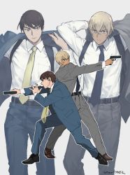 Rule 34 | 2boys, aiming, amuro tooru, back-to-back, belt, black footwear, blue eyes, blue jacket, blue neckwear, blue pants, blue suit, brown footwear, brown hair, closed mouth, collared shirt, commentary request, cowboy shot, dark skin, dark-skinned male, dressing, facial hair, formal, frown, grey background, grey eyes, grey jacket, grey pants, grey suit, gun, hair between eyes, holding, holding gun, holding weapon, indesign, jacket, leaning forward, light brown hair, long sleeves, looking at viewer, male focus, meitantei conan, multiple boys, multiple views, necktie, open clothes, open jacket, pants, projected inset, scotch (meitantei conan), serious, shirt, shoes, side-by-side, signature, simple background, standing, stubble, suit, weapon, white shirt, yellow neckwear