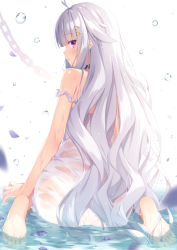 Rule 34 | 1girl, ahoge, ass, bare arms, bare shoulders, barefoot, blunt bangs, chain, choker, commentary request, dress, from behind, frown, hair ornament, hairclip, highres, in water, long hair, looking at viewer, original, pink eyes, revision, silver hair, solo, tomifumi, water, wavy hair, white dress
