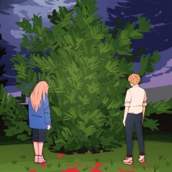 Rule 34 | 1000 gecs, 100 gecs, 1boy, 1girl, album cover redraw, blonde hair, blood on ground, blue jacket, blue sky, bush, chainsaw man, denji (chainsaw man), derivative work, highres, horns, jacket, long hair, looking away, pants, pants rolled up, power (chainsaw man), red horns, shirt, shirt tucked in, short hair, sky, sleeves rolled up, standing, white footwear, white shirt, yblndr