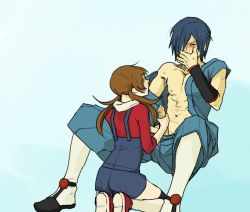 Rule 34 | 00s, 1boy, 1girl, bad id, bad pixiv id, blue background, blue hair, blush, brown hair, closed eyes, covering own mouth, creatures (company), cum, falkner (pokemon), femdom, flat chest, game freak, gym leader, hair over one eye, hand over own mouth, handjob, hetero, japanese clothes, kneeling, long hair, lyra (pokemon), nintendo, nipples, no headwear, overalls, penis, pokemon, pokemon hgss, pom pom (clothes), precum, simple background, spread legs, sweat, tsurukame (mihomi), twintails, uncensored