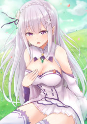 Rule 34 | 10s, 1girl, bare shoulders, blue sky, blush, braid, breasts, cleavage, cloud, commentary request, crying, crying with eyes open, day, detached sleeves, dress, emilia (re:zero), flower, french braid, gem, grass, hair flower, hair ornament, hair ribbon, large breasts, light purple hair, long hair, looking at viewer, miniskirt, neneru, open mouth, outdoors, petals, pleated skirt, pointy ears, purple eyes, purple ribbon, re:zero kara hajimeru isekai seikatsu, ribbon, rose, skirt, sky, solo, tears, thighhighs, white dress, white flower, white rose, white thighhighs, x hair ornament