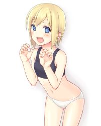 Rule 34 | 1girl, blonde hair, blue eyes, erica hartmann, highres, looking at viewer, momiji7728, navel, open mouth, panties, short hair, solo, sports bra, strike witches, underwear, underwear only, white panties, world witches series
