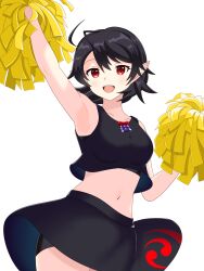 Rule 34 | 1girl, :d, adapted costume, ahoge, alternate costume, arm up, armpits, bike shorts, black hair, black shirt, black skirt, breasts, cheerleader, cowboy shot, crop top, highres, holding, holding pom poms, houjuu nue, looking at viewer, medium breasts, midriff, miniskirt, navel, no wings, open mouth, pointy ears, pom pom (cheerleading), pom poms, red eyes, sanity3519 (user mvfv4345), shirt, short hair, shorts, shorts under skirt, simple background, skirt, sleeveless, sleeveless shirt, smile, solo, standing, tank top, thighs, touhou, touhou lostword, white background