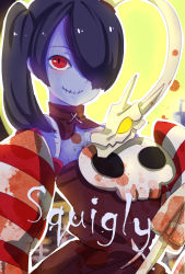 Rule 34 | 1girl, blue skin, colored skin, detached sleeves, hair over one eye, highres, kumo ni notte, leviathan (skullgirls), red eyes, skullgirls, squigly (skullgirls), stitched mouth, stitches, zombie