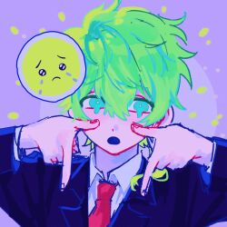 Rule 34 | 1boy, :o, aqua eyes, blue suit, collared shirt, crying, crying with eyes open, emoji, expression request, fingernails, formal, gesture request, green hair, hands up, highres, jacket, kimi ga shine, lapels, layered sleeves, long sleeves, looking at viewer, low ponytail, male focus, midori (kimi ga shine), necktie, nejukgye, neon palette, open mouth, pleading face emoji, pointing, pointing down, portrait, purple background, red necktie, shirt, short hair, side ponytail, solo, suit, suit jacket, tears, white shirt