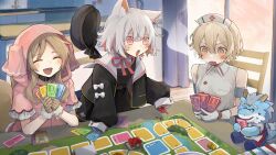 Rule 34 | 1boy, 3girls, @ @, absurdres, animal ear fluff, animal ears, armlet, bare shoulders, belt, beret, black dress, black jacket, blonde hair, blurry, blurry background, blush, board game, bow, bowtie, braid, brown eyes, brown gloves, brown hair, buttons, cat ears, cat girl, chestnut mouth, chibi, closed eyes, coefont, collared shirt, colored inner hair, commentary request, double-breasted, dragon boy, dress, fake money, fang, frilled sleeves, frills, fur-trimmed gloves, fur trim, furry, furry male, glass door, gloves, grey hair, hair over shoulder, hat, unworn headwear, highres, holding, hood, hood up, hoodie, house, indoors, jacket, kitchen, medium hair, multicolored hair, multiple girls, sayo (voicevox), nurse robot type t, old, old man, on chair, open clothes, open jacket, open mouth, ouka miko, pinafore dress, pink bow, pink bowtie, pink hair, pink hoodie, playing games, red eyes, ribbed shirt, sailor collar, sayonaka megumo, second-party source, shiki taigen, shirt, short hair, short sleeves, side braids, sitting, skin fang, sleeveless, sleeveless dress, sleeveless shirt, sleeves past fingers, sleeves past wrists, smile, standing, steam from mouth, tearing up, the game of life (board game), trading card, v-shaped eyebrows, voicevox, white gloves, white hair, white sailor collar, white shirt, wooden floor, zundamon