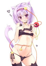 Rule 34 | 1girl, absurdres, animal ear legwear, animal ears, animal print, bad id, bad twitter id, bell, black thighhighs, blush, breasts, cat cutout, cat ear legwear, cat ear panties, cat ears, cat lingerie, cat panties, cat print, cat tail, cedama, cleavage cutout, clothing cutout, collar, hairband, hands up, heart, highres, hip focus, jingle bell, kinokomushi, komeiji satori, looking at viewer, meme attire, navel, neck bell, panties, print panties, purple eyes, purple hair, red eyes, side-tie panties, simple background, small breasts, solo, stomach, string panties, tail, thighhighs, third eye, tongue, tongue out, touhou, underwear, underwear only, white background