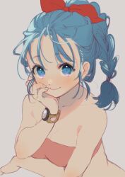 Rule 34 | 1girl, bare shoulders, blue eyes, blue hair, braid, braided ponytail, bulma, closed mouth, collarbone, commentary, crop top, dragon ball, dragon ball (classic), grey background, hair pulled back, hair ribbon, high ponytail, highres, light blush, looking at viewer, midriff, nachoz (nachozart), pink tube top, red ribbon, ribbon, smile, solo, strapless, tube top, upper body, watch, wristwatch