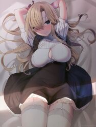 Rule 34 | 1girl, apron, arms up, bed sheet, black apron, blonde hair, blue eyes, blush, bound, bound wrists, breasts, closed mouth, commentary request, hair over one eye, highres, large breasts, long hair, looking at viewer, lying, on back, original, sakana no ike, short sleeves, solo, sweat, thighhighs, very long hair, white thighhighs
