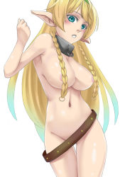 Rule 34 | 10s, 1girl, absurdres, alternate hair color, aqua eyes, armpits, belt, blonde hair, blush, braid, breasts, collar, convenient censoring, der zweite, elf, gluteal fold, hair censor, hair over breasts, highres, huge breasts, isekai maou to shoukan shoujo no dorei majutsu, long hair, looking at viewer, metal collar, multicolored hair, naked belt, navel, nude, parted lips, pointy ears, shera l. greenwood, simple background, solo, standing, white background