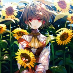 Rule 34 | 1girl, acetylene-lamp, adapted costume, ascot, backlighting, belt, blue sky, blurry, blurry background, blush, brown belt, closed mouth, commentary request, dappled sunlight, day, dress, flower, garden of the sun, green hair, hair between eyes, highres, holding, holding flower, kazami yuuka, light particles, light smile, lips, long sleeves, looking at viewer, off-shoulder dress, off shoulder, red dress, red eyes, revision, shirt, sky, solo, sunflower, sunlight, touhou, turtleneck, wavy hair, white shirt, wind, yellow ascot