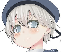 Rule 34 | 10s, 1girl, bad id, bad pixiv id, beret, blue eyes, blush, close-up, hat, highres, kantai collection, looking at viewer, morochin (mo loss an), personification, sailor hat, short hair, silver hair, solo, z1 leberecht maass (kancolle)