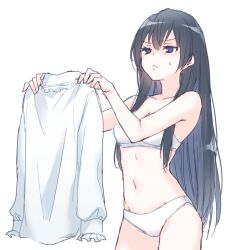 Rule 34 | 1girl, :&lt;, black hair, blue eyes, bra, breasts, cleavage, closed mouth, copyright request, frilled shirt collar, frilled sleeves, frills, hair between eyes, holding, holding shirt, holding unworn clothes, long hair, medium breasts, mizuki riko, navel, panties, shirt, simple background, small sweatdrop, solo, sweat, underwear, underwear only, unworn shirt, v-shaped eyebrows, very long hair, white background, white bra, white panties