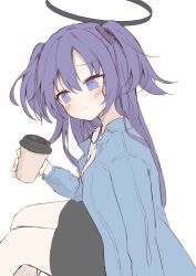 Rule 34 | 1girl, black skirt, blue archive, blue eyes, blue jacket, blush, closed mouth, commentary, cowboy shot, cup, disposable cup, eyelashes, from side, frown, hair between eyes, halo, hand up, highres, holding, holding cup, jacket, kirikaze ren, long hair, long sleeves, looking to the side, mechanical halo, open clothes, open jacket, pencil skirt, purple hair, shy, simple background, sitting, sketch, skirt, solo, tsurime, two side up, white background, yuuka (blue archive)