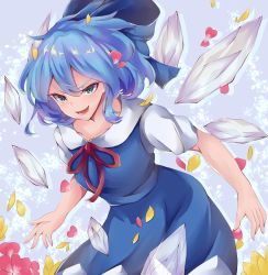 Rule 34 | 1girl, blue dress, blue eyes, blue hair, bow, breasts, cirno, collarbone, commentary request, cowboy shot, dress, drop shadow, flower, gradient background, grey background, hair between eyes, hair bow, highres, ice, leaning forward, looking at viewer, lower teeth only, open mouth, petals, pinafore dress, puffy short sleeves, puffy sleeves, red neckwear, red ribbon, ri cochet, ribbon, shirt, short hair, short sleeves, sleeveless dress, small breasts, solo, teeth, thick eyebrows, touhou, tsurime, white shirt, wind, wings