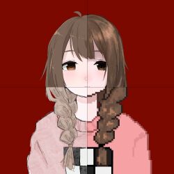 Rule 34 | 1girl, ahoge, arms at sides, blush, braid, brown eyes, brown hair, closed mouth, denkai 461, expressionless, hair over shoulder, highres, long hair, long sleeves, looking at viewer, low twin braids, madotsuki, pink sweater, pixelated, print sweater, red background, simple background, solo, straight-on, sweater, twin braids, yume nikki