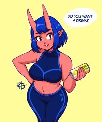 Rule 34 | 1girl, 2020, bare shoulders, blue bra, blue eyes, blue hair, blue pants, blush, bra, cinna (taggo), collarbone, colored skin, english text, eyebrows, hand on own hip, highres, horns, looking at viewer, navel, oni, oni horns, original, pants, parted lips, pointy ears, red skin, short hair, simple background, smile, solo, speech bubble, sports bra, taggo, underwear, yellow background