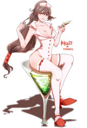 Rule 34 | 1girl, akali, akali (legacy), alternate costume, bad feet, bad id, bad pixiv id, bare shoulders, breasts, brown hair, cleavage, collarbone, hat, high heels, highres, impossible clothes, league of legends, legs, lipstick, long hair, looking at viewer, low-tied long hair, low ponytail, makeup, mamun, nurse, nurse akali, nurse cap, ponytail, simple background, sitting, solo, syringe, thighhighs, thighs, very long hair, white thighhighs