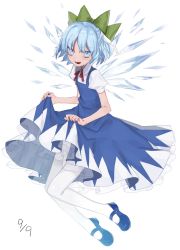 Rule 34 | 1girl, bad id, bad twitter id, bare arms, blue dress, blue eyes, blue footwear, blue hair, bow, cirno, clothes lift, dated, dress, dress lift, full body, green bow, hair bow, highres, ice, ice wings, lifted by self, looking at viewer, mary janes, pantyhose, puffy short sleeves, puffy sleeves, shoes, short hair, short sleeves, simple background, solo, touhou, white background, white pantyhose, wing collar, wings