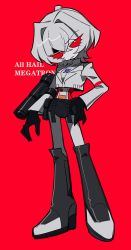 Rule 34 | 1girl, arm cannon, bad id, bad twitter id, black footwear, black gloves, black shorts, boots, bright pupils, colored skin, cropped jacket, decepticon, genderswap, genderswap (mtf), gloves, grey hair, grey jacket, grey skin, hair intakes, hand on own hip, head tilt, highres, humanization, jacket, knee boots, looking at viewer, megatron, red background, red eyes, short hair, shorts, solo, transformers, uchikaze, v-shaped eyebrows, weapon, white pupils