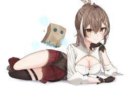 Rule 34 | 1girl, absurdres, ahoge, boots, brown corset, brown eyes, brown hair, cleavage cutout, clothing cutout, corset, feather hair ornament, feathers, friend (nanashi mumei), gloves, hair ornament, highres, hololive, hololive english, honeyhoppin, long hair, looking at viewer, multicolored hair, nanashi mumei, partially fingerless gloves, ponytail, reclining, red skirt, runes, shirt, single thighhigh, skirt, smile, streaked hair, thigh strap, thighhighs, very long hair, virtual youtuber, white shirt