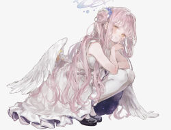 Rule 34 | absurdres, angel wings, blue archive, blush, dress, feathered wings, finger to cheek, frilled ribbon, frills, hair bun, hair ornament, halo, high heels, highres, ichikawa sae, long hair, looking at viewer, low wings, mika (blue archive), pantyhose, pink hair, pink halo, ribbon, simple background, single side bun, white dress, white pantyhose, white wings, wing ornament, wings, yellow eyes