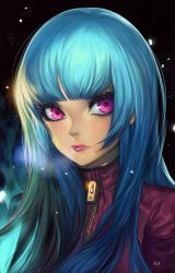 Rule 34 | 1girl, black background, blue hair, breath, elsevilla, eyelashes, highres, kula diamond, long hair, pink eyes, pink lips, signature, snow, solo, the king of fighters, upper body, zipper