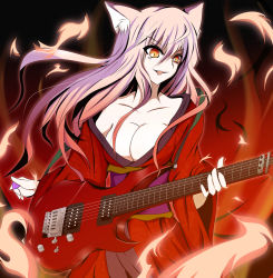 Rule 34 | 1girl, animal ears, breasts, female focus, fox ears, fuoco, gradient background, guitar, instrument, japanese clothes, kimono, original, solo