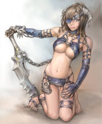Rule 34 | 1girl, barefoot, breasts, brown hair, chain, cleavage, elbow gloves, eyepatch, feet, fighter, fingerless gloves, gloves, horns, kuratch, large breasts, leather, midriff, original, solo, sword, toes, underboob, warrior, weapon