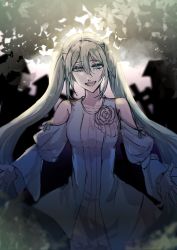 Rule 34 | 1girl, aqua eyes, aqua hair, backlighting, bare shoulders, building, clothing cutout, crying, crying with eyes open, dress flower, evillious nendaiki, false smile, flower, half-closed eyes, hatsune miku, highres, leaf, long hair, looking down, margarita blankenheim, muted color, nemurase hime kara no okurimono (vocaloid), outstretched arms, pale skin, rose, shoulder cutout, smile, solo, tearing up, tears, twintails, very long hair, vocaloid, warabi (danngo-mitarasi), wide sleeves