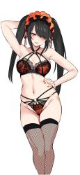 Rule 34 | 1girl, absurdres, agetama, arm up, black hair, bra, date a live, fishnet thighhighs, fishnets, hand on own hip, highres, long hair, open mouth, panties, red bra, red eyes, red panties, simple background, smile, solo, thighhighs, tokisaki kurumi, twitter username, underwear, white background
