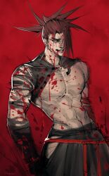 Rule 34 | 1boy, abs, arched back, bare pectorals, blood, blood on face, blood on pectorals, c 9 1 1 (dorchadasb2), fate/grand order, fate (series), feet out of frame, hair over one eye, hakama, highres, hip vent, igote, japanese clothes, large pectorals, long hair, looking at viewer, male focus, muscular, muscular male, pectorals, red background, red theme, smirk, solo, standing, stomach, tanaka shinbei (fate), thick eyebrows