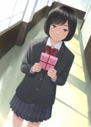 Rule 34 | 1girl, black hair, black jacket, black skirt, blazer, bob cut, bow, bowtie, brown eyes, closed mouth, collared shirt, commentary request, day, dutch angle, gift, hallway, heart, highres, holding, holding gift, indoors, jacket, kyak bamboo, long sleeves, looking at viewer, miniskirt, original, plaid, plaid skirt, pleated skirt, red bow, red bowtie, school uniform, shirt, short hair, skirt, smile, solo, swept bangs, valentine, window