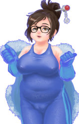 Rule 34 | 1girl, absurdres, breasts, brown eyes, brown hair, cameltoe, cleft of venus, glasses, highres, large breasts, looking at viewer, mei (overwatch), mion orz, overwatch, overwatch 1, plump, solo