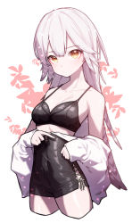 Rule 34 | 1girl, absurdres, arknights, bare shoulders, beudelb, black bra, black shorts, bra, breasts, cleavage, closed mouth, collarbone, cropped legs, fartooth (arknights), feather hair, high-waist shorts, highres, long hair, long sleeves, looking at viewer, medium breasts, open clothes, open shirt, pink background, shirt, shorts, silver hair, sleeves past wrists, solo, two-tone background, underwear, very long hair, white background, white shirt, yellow eyes