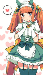 Rule 34 | 1girl, alternate costume, alternate hairstyle, animal ears, back bow, blue eyes, bow, clenched hands, closed mouth, commentary request, cowboy shot, ear covers, enmaided, garter straps, gloves, green thighhighs, heart, heart background, highres, horse ears, horse girl, horse tail, looking at viewer, maid, maid headdress, orange bow, short sleeves, silence suzuka (umamusume), simoyuki, simple background, smile, solo, spoken heart, tail, thighhighs, twintails, umamusume, white gloves