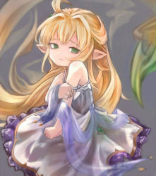 Rule 34 | 10s, 1girl, bare shoulders, blonde hair, dress, granblue fantasy, green eyes, harvin, living hair, long hair, melissabelle, melissabelle (granblue fantasy), open mouth, pointy ears, prehensile hair, solo, suisai (suisao), very long hair, white dress