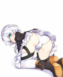 Rule 34 | 1girl, all fours, ass, ass focus, bad id, bad pixiv id, blue eyes, blush, boots, female focus, from behind, hair between eyes, high heel boots, high heels, honkai (series), honkai impact 3rd, long hair, long sleeves, looking at viewer, panties, puffy long sleeves, puffy sleeves, silver hair, simple background, solo, tama (tamatamo), theresa apocalypse, theresa apocalypse (valkyrie pledge), thighhighs, underwear, white background, white panties