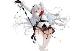 Rule 34 | 1girl, absurdres, arm behind head, azur lane, black gloves, black hairband, black skirt, blue eyes, blush, breasts, closed mouth, feet out of frame, garter straps, gloves, hairband, highres, holding, holding sword, holding weapon, jacket, kkk dami, long hair, long sleeves, looking at viewer, mainz (azur lane), medium breasts, skirt, solo, standing, sword, thighhighs, uniform, weapon, white background, white hair, white jacket, white thighhighs
