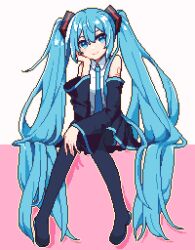 Rule 34 | 1girl, amefu luna, bare shoulders, black pantyhose, black skirt, black sleeves, blue eyes, blue hair, closed mouth, collared shirt, detached sleeves, full body, hair between eyes, hair ornament, hand on own cheek, hand on own face, hatsune miku, head rest, highres, long hair, long sleeves, outline, pantyhose, pink background, pixel art, pleated skirt, shirt, simple background, sitting, skirt, sleeveless, sleeveless shirt, smile, solo, twintails, very long hair, vocaloid, white background, white shirt, wide sleeves, yellow outline
